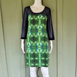 Anthropologie MAEVE Eton Navy Green Sheer Sleeve Peacock Dress Small S